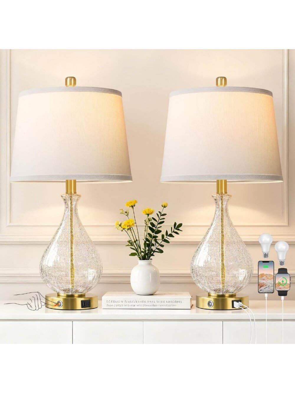 QiMH Bedside Lamps Set of 2, Modern Glass Table Lamps for Living Room